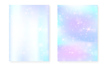 Magic background with princess rainbow gradient. Kawaii unicorn hologram. Holographic fairy set. Vibrant fantasy cover. Magic background with sparkles and stars for cute girl party invitation.のイラスト素材