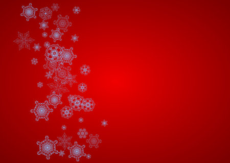 Christmas frame with snowflakes on red background. Santa Claus colors. Horizontal Christmas frame for holiday banners, cards, sales, special offers. Falling snow with bokeh and flakes for celebrationのイラスト素材