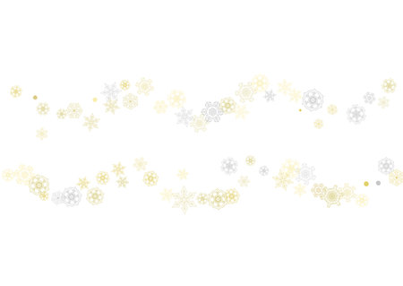 Gold snowflakes frame on white background. new year theme. Horizontal shiny Christmas frame for holiday banner, card, sale, special offer. Falling snow with gold snowflake and glitter for party inviteのイラスト素材