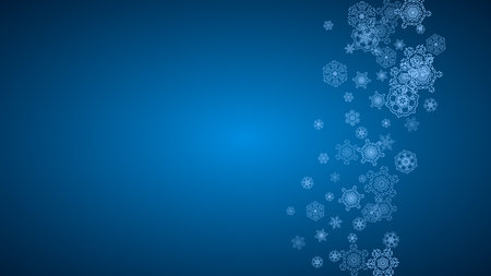 New Year snowflakes on blue background with sparkles. Horizontal Christmas and New Year snowflakes falling. For season sales, special offer, banners, cards, party invites, flyer. white frosty snowのイラスト素材