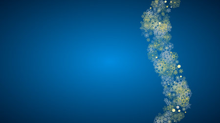 New Year frame with gold snowflakes on blue background. Horizontal Christmas and New Year frame for gift certificate, ads, banner, flyer, sales offers, event invitations. Glitter snow with sparkleのイラスト素材