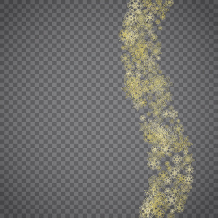 Isolated snowflakes on transparent gray background. Gold glitter snow. Winter sales, Christmas and New Year design for party invitation, banner, sale. winter window. Magic crystal isolated snowflakes.のイラスト素材