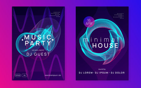 electronic fest. Geometric show brochure set. Dynamic gradient shape and line. Neon electronic fest flyer. Electro dance music. Trance sound. club event poster. techno dj party.のイラスト素材