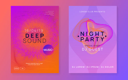 club flyer. Geometric concert cover set. Dynamic fluid shape and line. neon club flyer. Electro dance music. Trance party dj. Electronic sound fest. Techno event poster.のイラスト素材