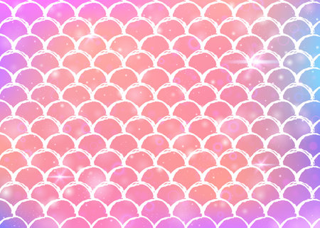 Rainbow scales background with kawaii mermaid princess pattern. Fish tail banner with magic sparkles and stars. Sea fantasy invitation for girlie party. Vibrant backdrop with rainbow scales.のイラスト素材