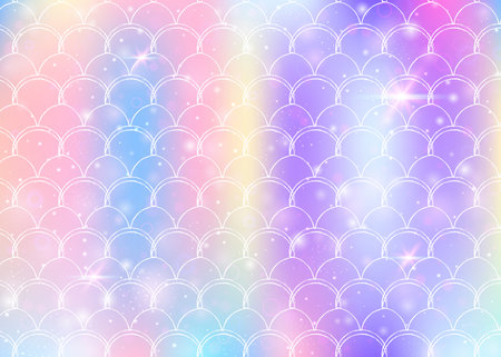 Princess mermaid background with kawaii rainbow scales pattern. Fish tail banner with magic sparkles and stars. Sea fantasy invitation for girlie party. Retro princess mermaid backdrop.のイラスト素材