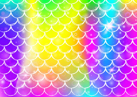Kawaii mermaid background with princess rainbow scales pattern. Fish tail banner with magic sparkles and stars. Sea fantasy invitation for girlie party. Creative kawaii mermaid backdrop.のイラスト素材