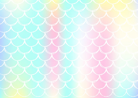 Holographic scale background with gradient mermaid. Bright color transitions. Fish tail banner and invitation. Underwater and sea pattern for girlie party. Plastic backdrop with holographic scale.のイラスト素材