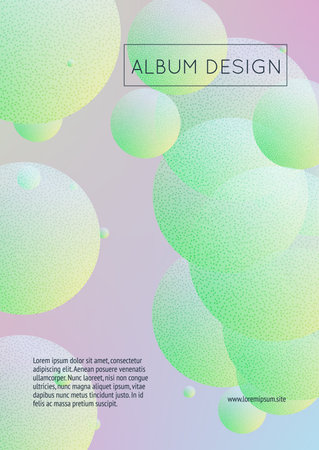 Fluid poster with round shapes and halftone dots texture. Gradient circles on holographic background. Modern template for covers, banners, flyers, presentations. Minimal fluid poster in neon colors.のイラスト素材