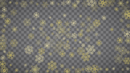 Isolated snowflakes on horizontal transparent gray background. Gold glitter snow. Winter sales, Christmas and New Year design for party invitation, banner, sale. Magic crystal isolated snowflakes.のイラスト素材