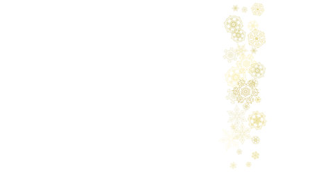Glitter snowflakes frame on white horizontal background. Shiny Christmas and New Year frame for gift certificate, ads, banners, flyers. Falling snow with golden glitter snowflakes for party inviteのイラスト素材