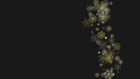 Glitter snowflakes frame on white horizontal background. Shiny Christmas and New Year frame for gift certificate, ads, banners, flyers. Falling snow with golden glitter snowflakes for party inviteのイラスト素材