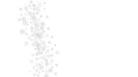 Snowflakes falling on white background. Horizontal Christmas and Happy New Year theme. Silver falling snowflakes for banner, gift card, party invitation, partner compliment and special business offersのイラスト素材