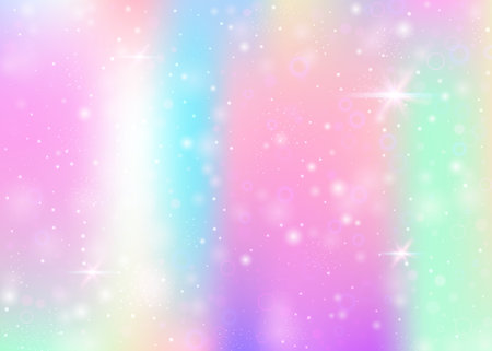 Holographic background with rainbow mesh. Kawaii universe banner in princess colors. Fantasy gradient backdrop with hologram. Holographic unicorn background with fairy sparkles, stars and blurs.のイラスト素材