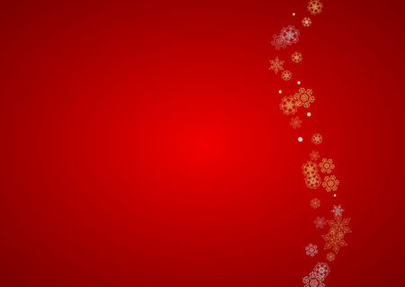 Christmas snow on red background. Glitter frame for winter banners, gift coupon, voucher, ads, party event. Santa Claus colors with golden Christmas snow. Horizontal falling snowflakes for holidayのイラスト素材