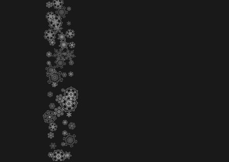 Silver snowflakes frame on black background. Horizontal shiny Christmas and New Year frame for gift certificate, ads, banners, flyers. Falling snow with glitter silver snowflakes for party inviteのイラスト素材
