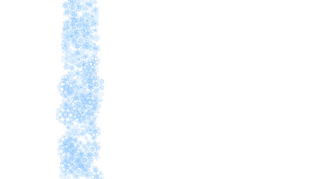 Winter frame with blue snowflakes for Christmas and New Year celebration. Horizontal winter frame on white background for banners, gift coupons, vouchers, ads, party events. Falling frosty snow.のイラスト素材