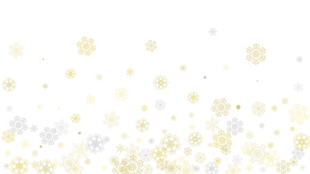 Gold snowflakes frame on black background. New year theme. Horizontal shiny Christmas frame for holiday banner, card, sale, special offer. Falling snow with gold snowflake and glitter for party inviteのイラスト素材