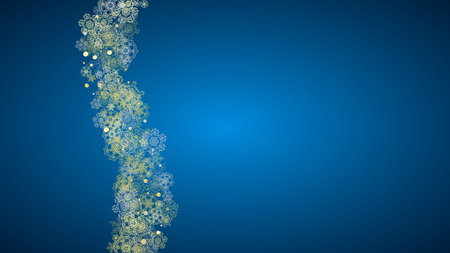 New Year frame with gold snowflakes on blue background. Horizontal  Christmas and New Year frame for gift certificate, ads, banner, flyer, sales offers, event invitations. Glitter snow with sparkleのイラスト素材