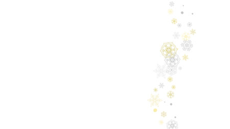 Gold snowflakes frame on black background. New year theme. Horizontal shiny Christmas frame for holiday banner, card, sale, special offer. Falling snow with gold snowflake and glitter for party inviteのイラスト素材