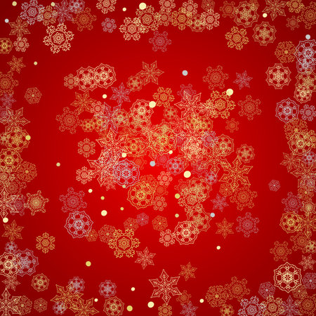 Christmas snow on red background. Glitter frame for seasonal winter banners, gift coupon, voucher, ads, party event. Santa Claus colors with golden Christmas snow. Falling snowflakes for holidayのイラスト素材