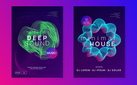 Abstract music. Geometric concert cover set. Dynamic fluid shape and line. Abstract music flyer. Techno dj party. Electro dance event. Electronic trance sound. Club poster.のイラスト素材