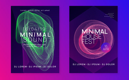 Electronic party. Dynamic fluid shape and line. Energy show brochure set. Neon electronic party flyer. Electro dance music. Techno fest event. Trance sound. Club dj poster.のイラスト素材