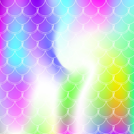 Gradient scale background with holographic mermaid. Bright color transitions. Fish tail banner and invitation. Underwater and sea pattern for girlie party. Stylish backdrop with gradient scale.のイラスト素材