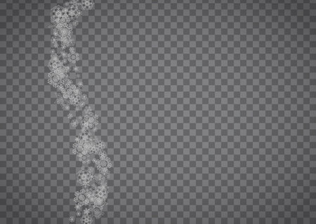 Isolated snowflakes on transparent grey background. Silver glitter snow. Horizontal Christmas and New Year design for party invitation, banner, sale. Winter window. Magic crystal isolated snowflakesのイラスト素材