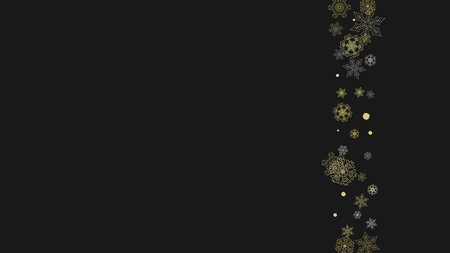 Glitter snowflakes frame on white horizontal background. Shiny Christmas and New Year frame for gift certificate, ads, banners, flyers. Falling snow with golden glitter snowflakes for party inviteのイラスト素材