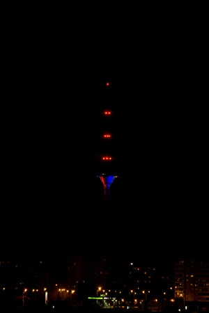 Tallinn, Estonia - November 15, 2015: Tallinn TV Tower in colors of France in memoriam of victims of terrorist attack in Parisのeditorial素材