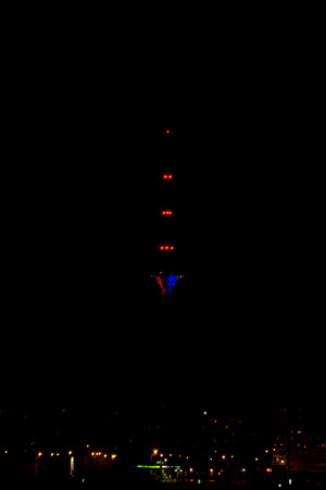 Tallinn, Estonia - November 15, 2015: Tallinn TV Tower in colors of France in memoriam of victims of terrorist attack in Parisのeditorial素材