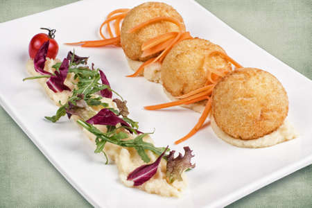 restaurant dish consisting of meatballs with mashed potatoesの写真素材