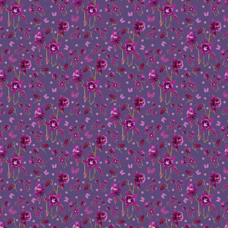 Floral background of bright spring flowers with butterflies on purple backdrop for fashion, print, textile, fabric and card backgroundの写真素材