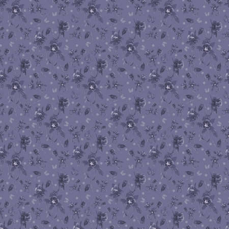 Floral monochromatic background of spring flowers with butterflies on purple light colored backdrop for fashion, print, textile, fabric and card backgroundの写真素材