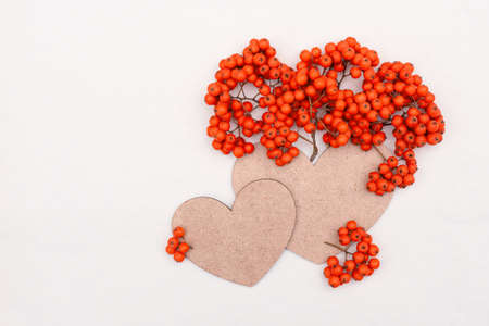 Bunches of rowan berries with bright rich orange juicy berries and heart with copy spaceの写真素材