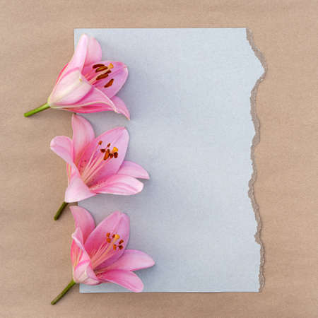 card with a bouquet of pink lilies with copy space for design