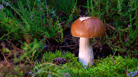 edible porcini mushroom in a forest glade close-up under the light of sunlight with beautiful bokehの写真素材