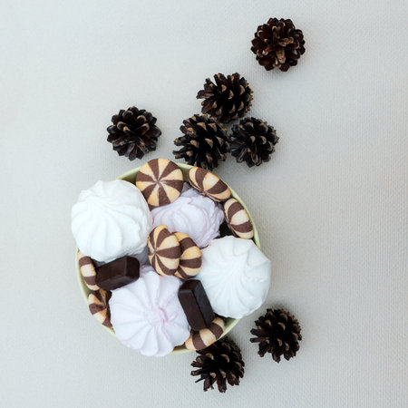 Sweet tasty dessert with forest pine conesの写真素材