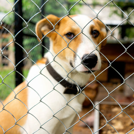 Cute little friendly dog ââin his enclosureの写真素材