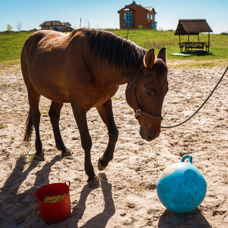 The horse frolics and plays in nature.の写真素材