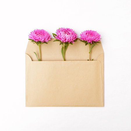Bright cute bouquet of asters in an envelope isolated on a white background