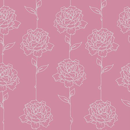Vector peony flower hand drawn line art seamless repeat pattern. pink back groundのイラスト素材