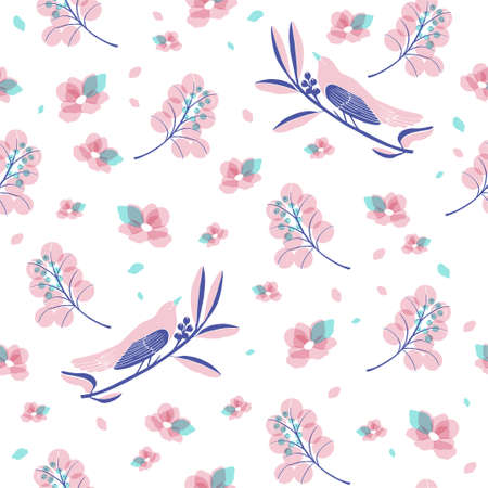 Vector bird and flower motif seamless repeat patternのイラスト素材