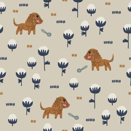 Vector American water spaniel dog and flower illustration seamless repeat patternのイラスト素材