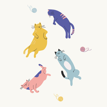 Vector hand-drawn cute cats with a skein illustration setのイラスト素材