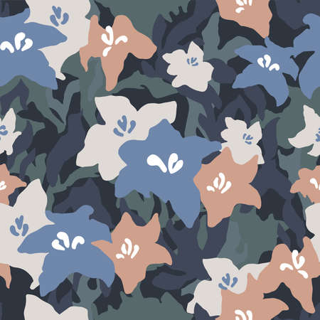 Vector abstract shape Lily flower illustration seamless repeat pattern navy backgroundのイラスト素材