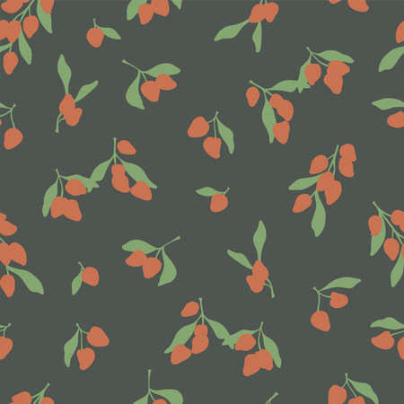 Vector red berry and leaf illustration motif seamless repeat patternのイラスト素材