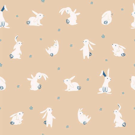 Vector cute and simple hand-drawn rabbit illustration motif seamless repeat pattern retro color backgroundのイラスト素材