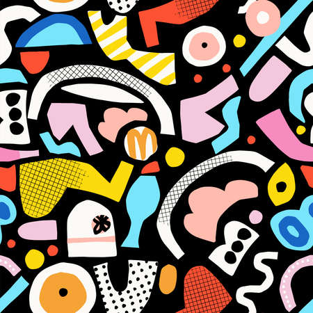 Vector colorful abstract and artistic shape motif seamless repeat pattern white background...